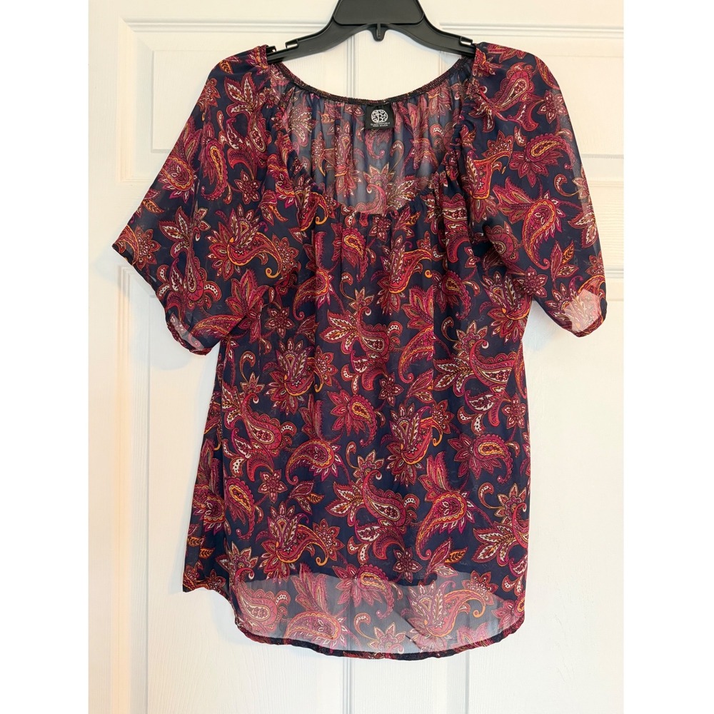 Bobeau‎ Womens Medium Paisley Print Chiffon Blouse Navy Short Sleeve Top USA